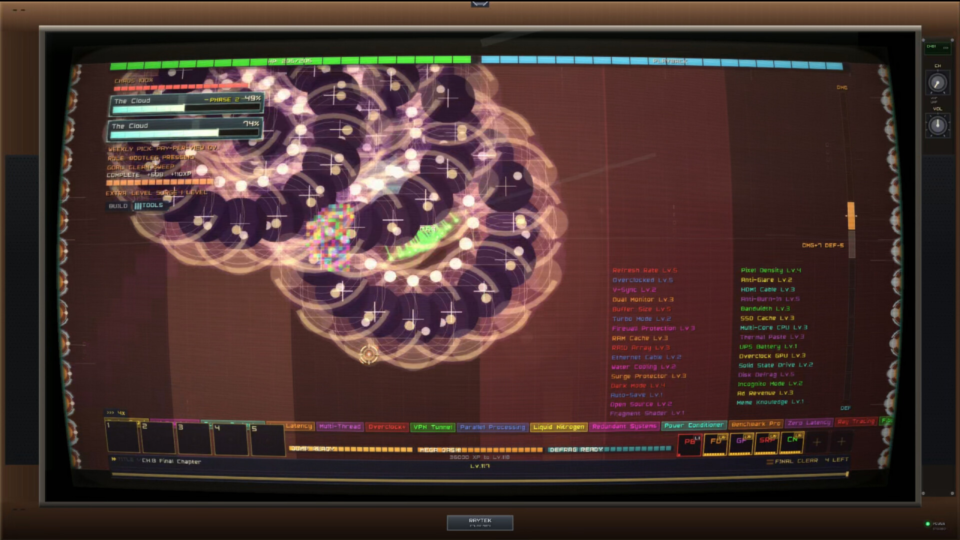 Boss pressure filling the playfield with orbiting hazards.