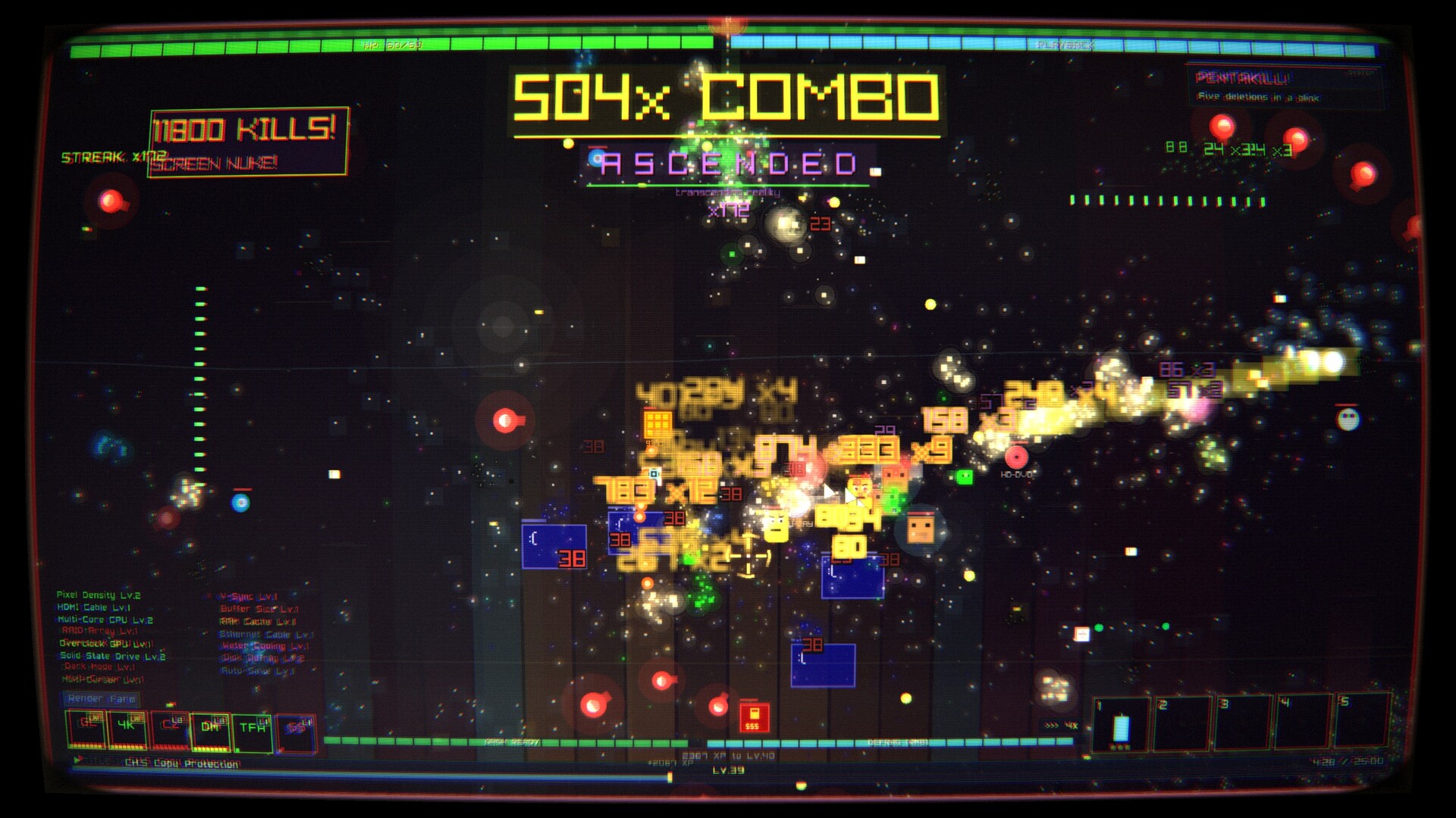 Weapon effects cutting through a large enemy cluster.