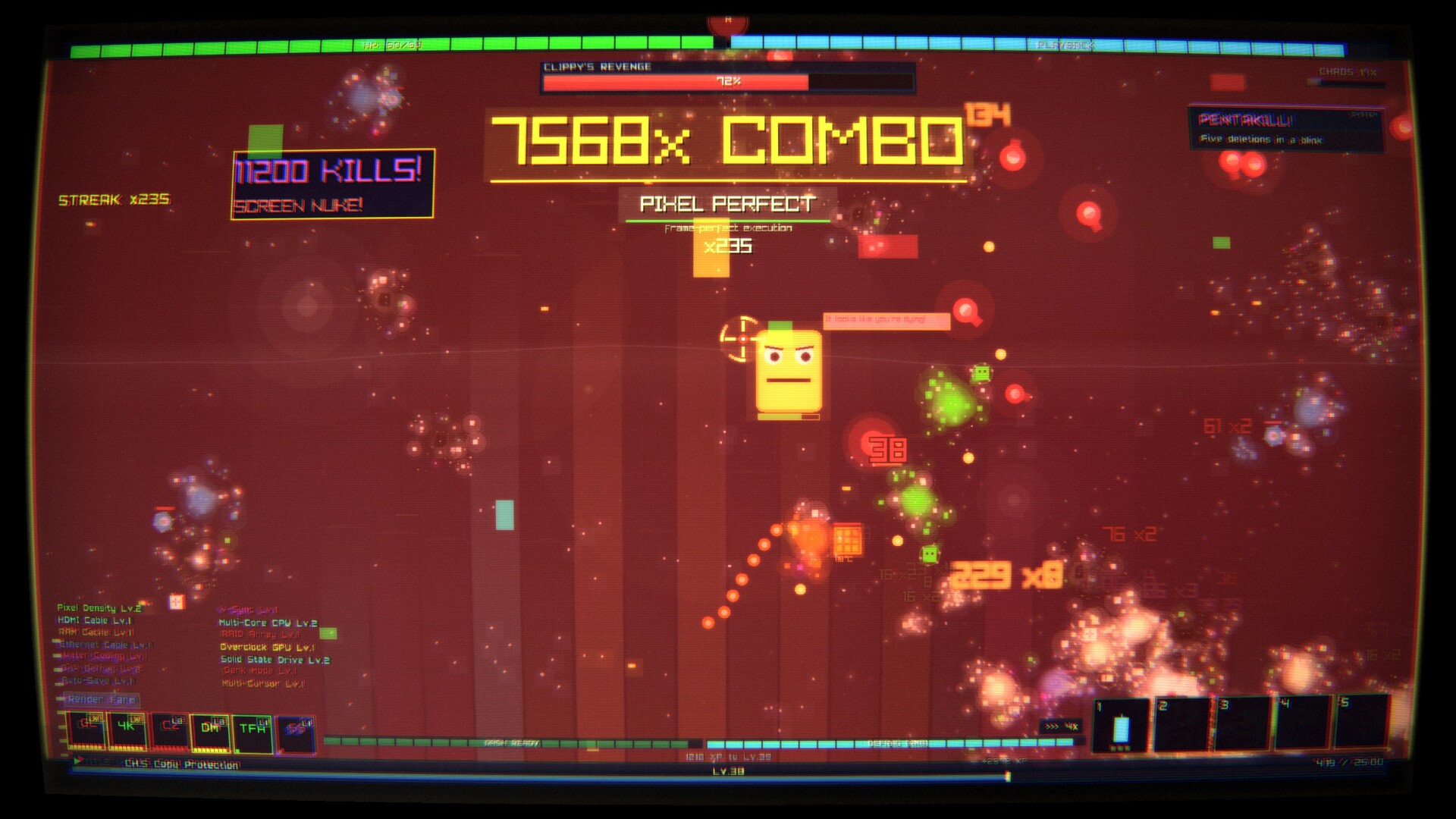 Red-zone combat with projectiles, pickups, and hazards.