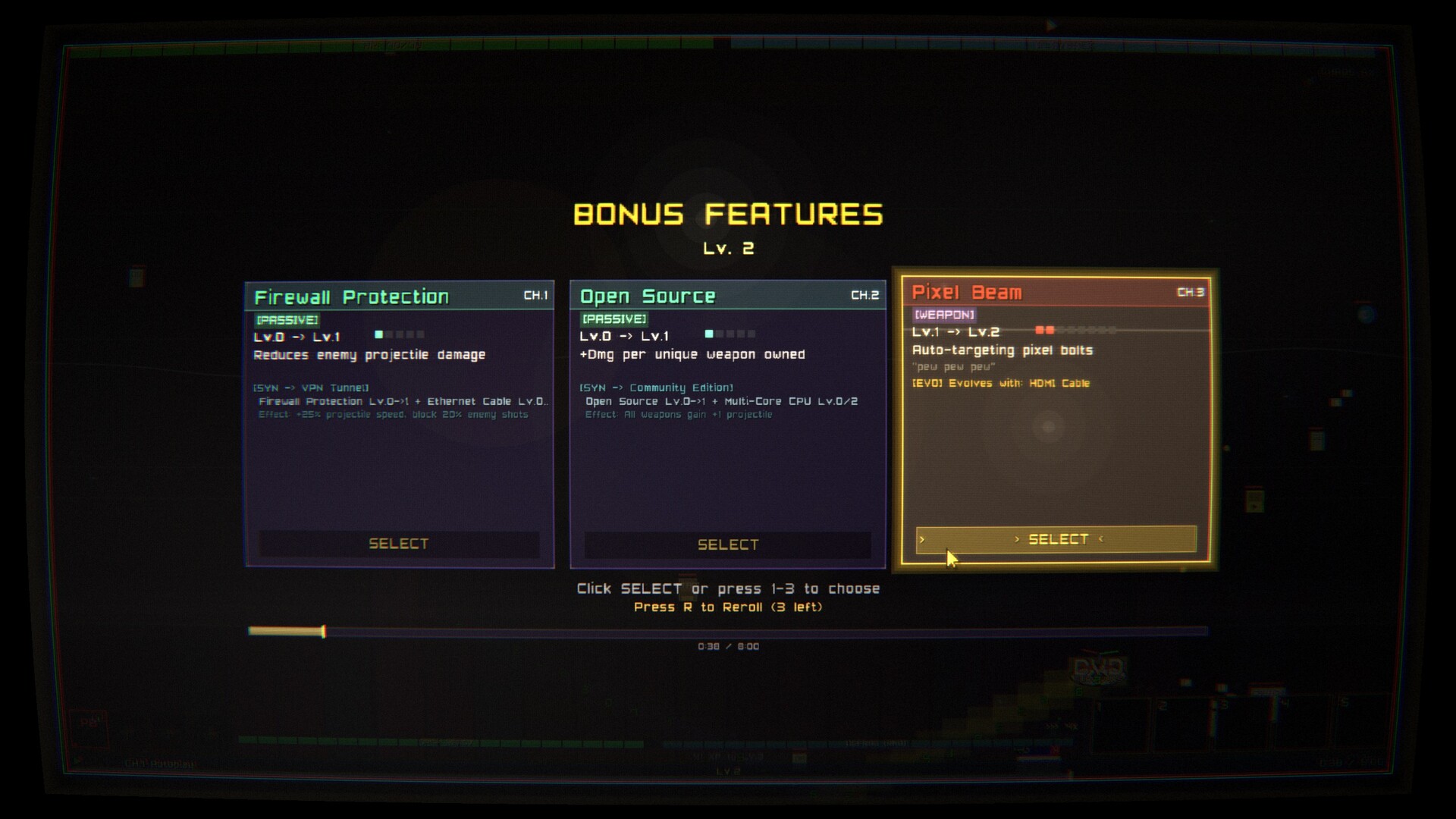 Bonus feature selection screen between run upgrades.